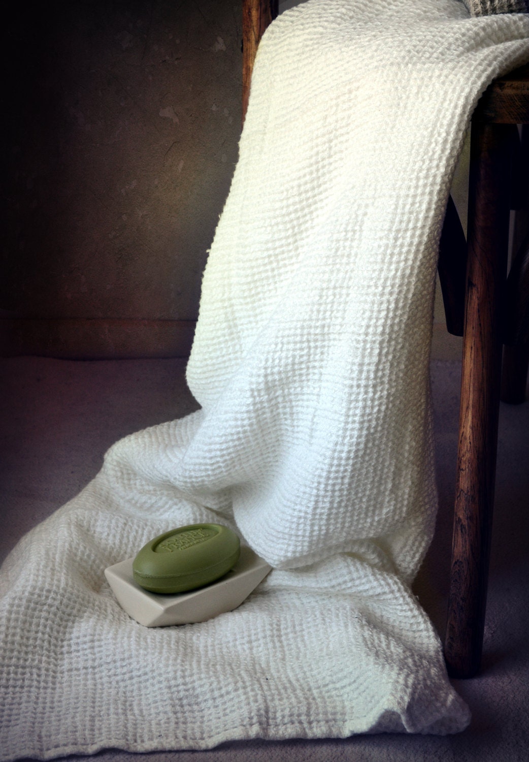 Serviette de Bain en Lin Naturel/Serviette Spa Biologique Drap Texture Gaufre, Blanc Cassé