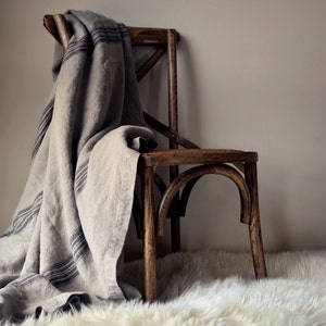 Linen Bed Cover in Vintage Black Stripe Grainsack. Coverlet/ Summer Blanket- Black Stripes on Natural Background