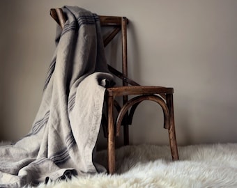 Linen Bed Cover in Vintage Black Stripe Grainsack. Coverlet/ Summer Blanket- Black Stripes on Natural Background