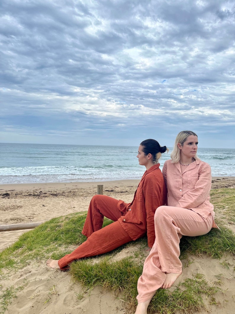 Natural linen pyjamas, Peach / Redwood. Women's Linen sleepwear/ Limited Edition image 2