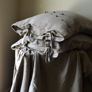 Natural stonewashed linen pillow case with ties. Pure linen bedding image 4