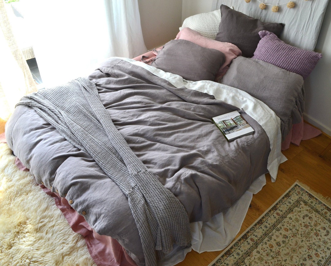 Grey Lilac Rustic Heavyweight Linen Duvet Cover/ Quilt Cover/ Doona