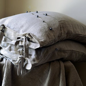 Natural stonewashed linen pillow case with ties. Pure linen bedding image 5