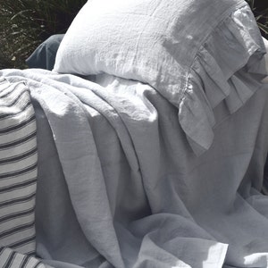 Light grey luxurious natural linen flat sheet. Stonewashed linen bedding. image 3