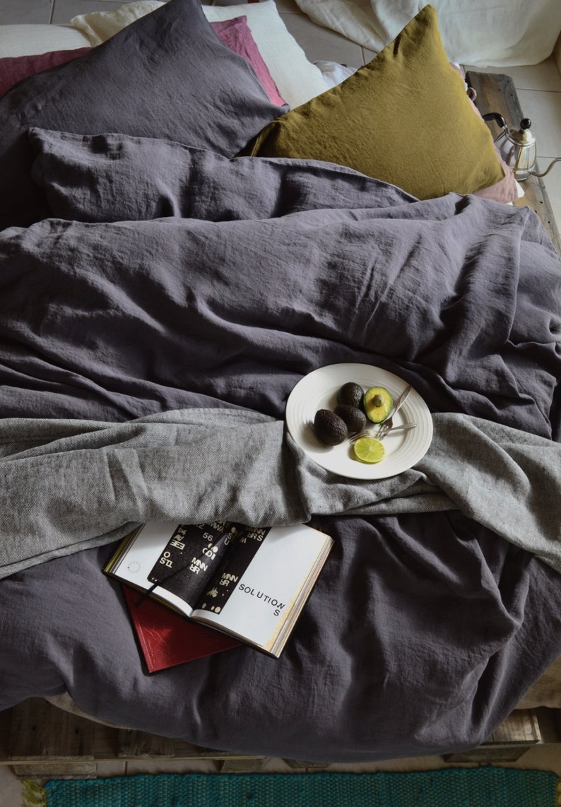 Charcoal stonewashed medium weight linen duvet/doona/ quilt cover. King and Queen sizes image 4