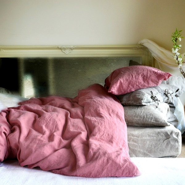 Rusty Pink hand dyed linen bedding: duvet cover and matching set of pillowcases. Limited Edition