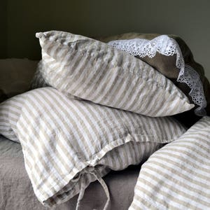 Rustic Pinstripe heavyweight natural linen pillow case. Rustic stonewashed linen bedding. Handmade linen image 2