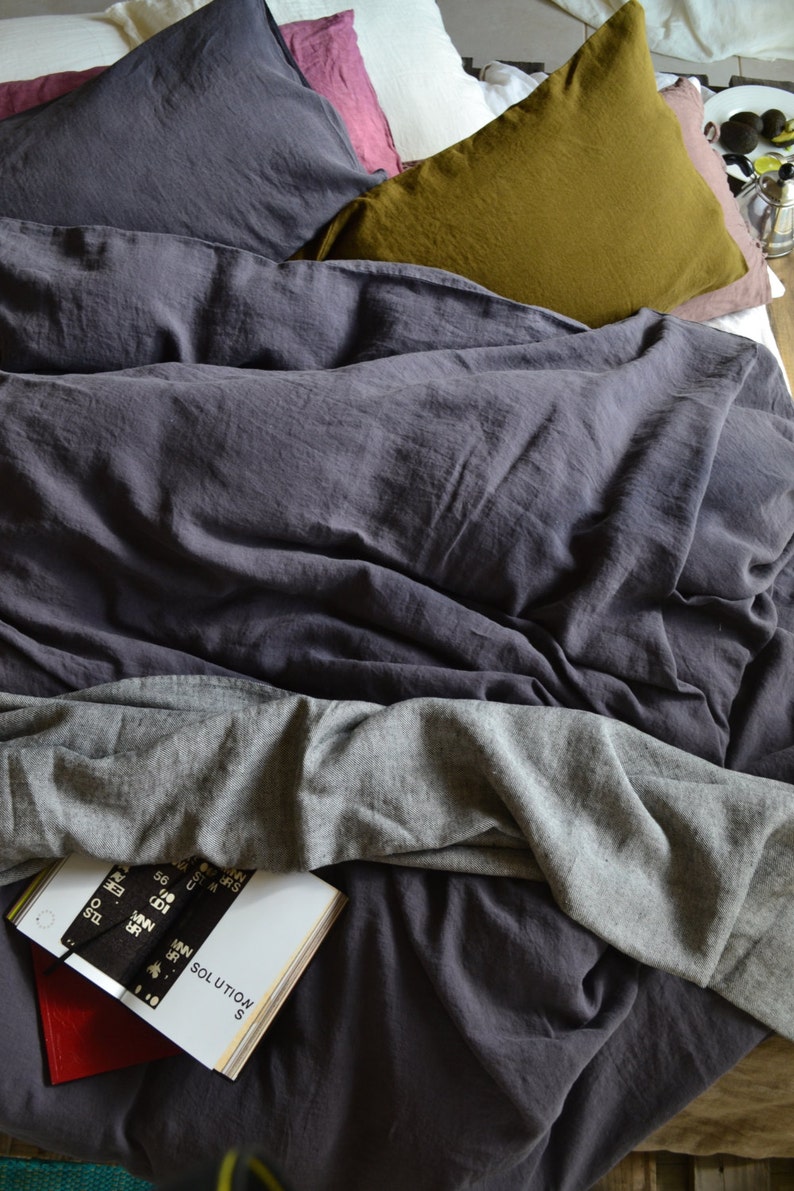 Charcoal stonewashed medium weight linen duvet/doona/ quilt cover. King and Queen sizes image 2