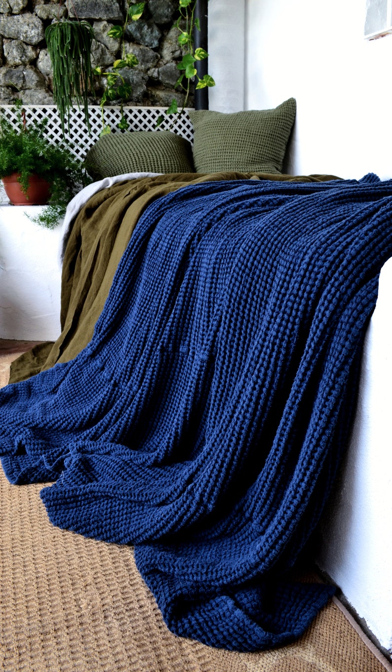 Indigo Dark Blue Waffle Textured Natural Linen Blanket/ Etsy
