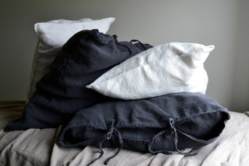 Rustic, Heavyweight Linen Pillowcase with Ties in Peppercorn Dark Grey Standard, Euro and King sizes image 6