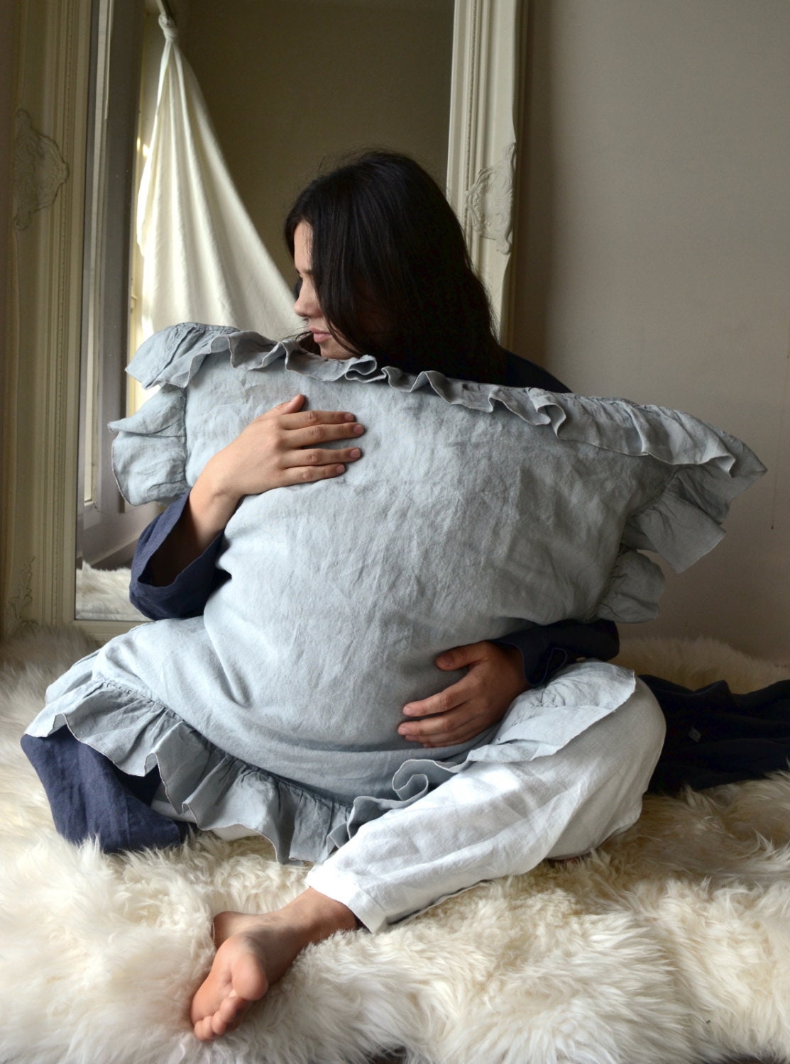 Light Grey Ruffled Pillow Case/ Stonewashed Natural Linen Etsy Australia
