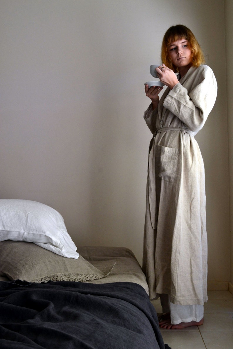 Vintage-Inspired Natural Linen Robe/ Long Linen Gown/ Luxurious Spa Robe image 2