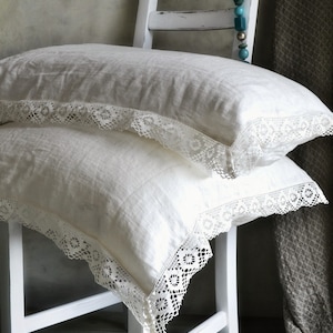 Provincial Living. Pure linen pillowcase with white linen lace. Antique white. Vintage inspired linen bedding