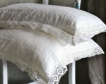 Provincial Living. Pure linen pillowcase with white linen lace. Antique white. Vintage inspired linen bedding