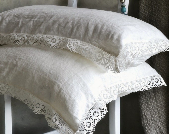 Provincial Living. Pure Linen Pillowcase With White Linen Lace. Antique ...