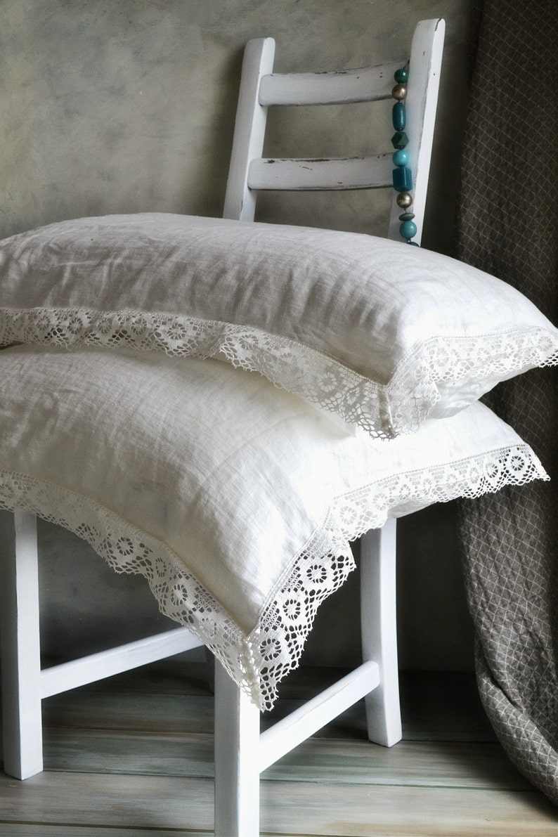 Provincial Living. Pure linen pillowcase with white linen lace. Antique white. Vintage inspired linen bedding image 1