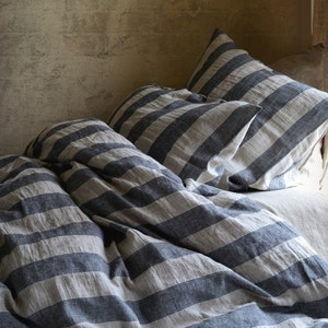 Country Cottage. Natural and Black striped stonewashed linen Duvet cover/ Quilt Cover / Doona Cover image 5