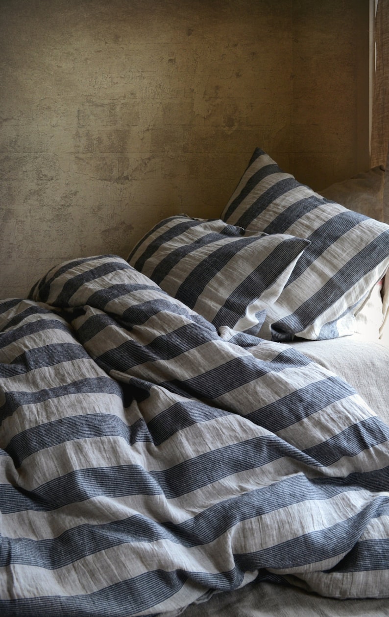 Country Cottage. Natural and Black striped stonewashed linen Duvet cover/ Quilt Cover / Doona Cover image 5