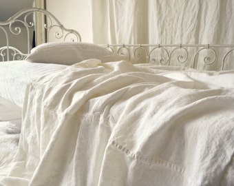 White Rustic Heavy weight Linen Bed Cover/ Coverlet/ Linen Summer Blanket