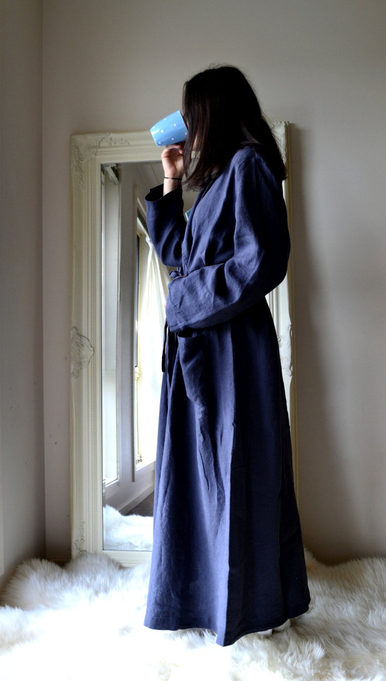 Vintage Inspired Midnight Blue Linen Dressing Gown/ Etsy Australia