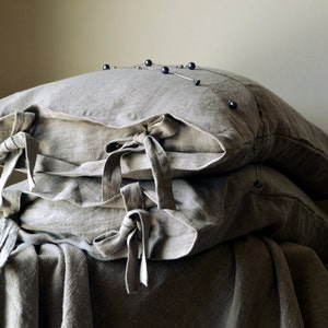 Natural stonewashed linen pillow case with ties. Pure linen bedding image 3