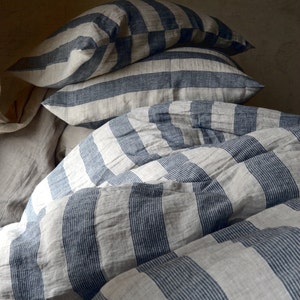 Country Cottage. Natural and Black striped stonewashed linen Duvet cover/ Quilt Cover / Doona Cover image 4