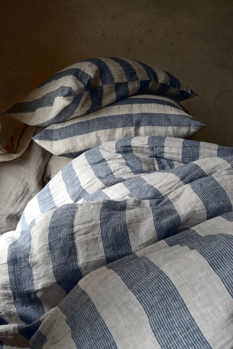 Country Cottage. Natural and Black striped stonewashed linen Duvet cover/ Quilt Cover / Doona Cover image 4