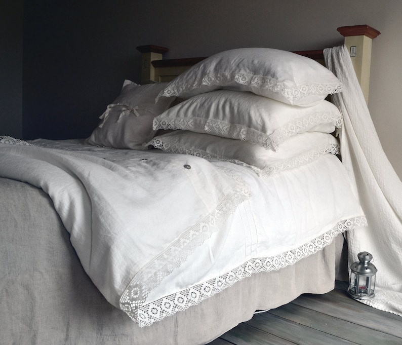 Provincial Living. Pure linen pillowcase with white linen lace. Antique white. Vintage inspired linen bedding image 3