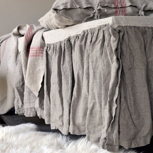 Natural Heavy Weight Rustic Ruffled Linen Bedskirt / Valance / Dust Ruffle. Natural Flax (Undyed) colour. Stonewashed linen bedding