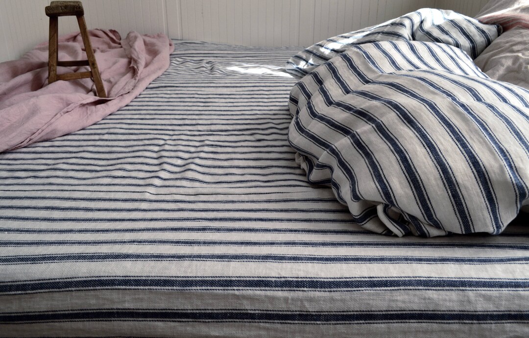 Heavy Linen Fitted Sheet With French Vintage Navy Ticking Stripes