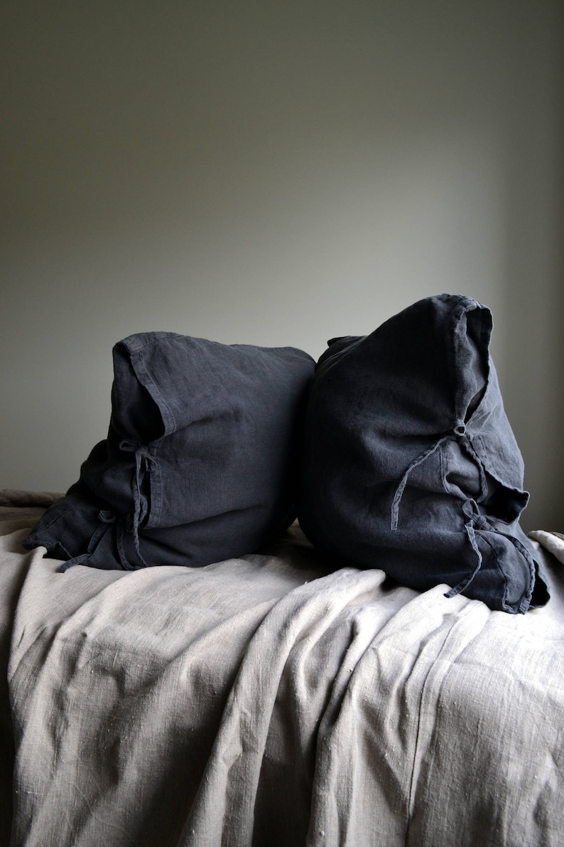 Rustic, Heavyweight Linen Pillowcase with Ties in Peppercorn Dark Grey Standard, Euro and King sizes image 7