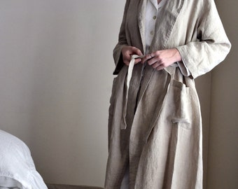 Vintage-Inspired Natural Linen Robe/ Long Linen Gown/ Luxurious Spa Robe