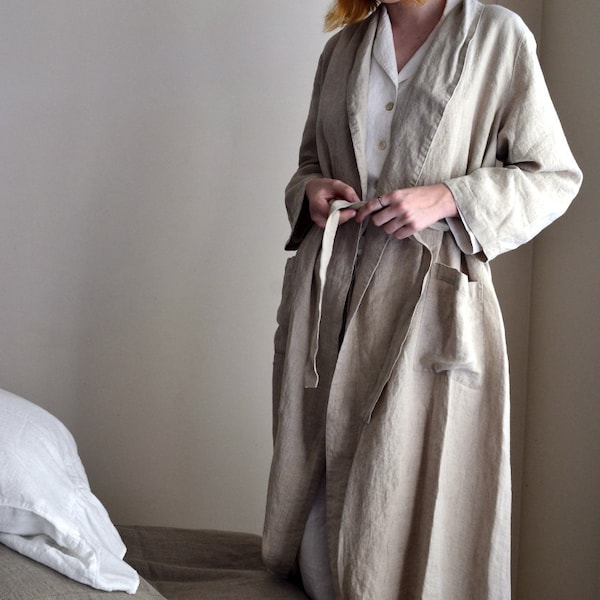 Vintage-Inspired Natural Linen Robe/ Long Linen Gown/ Luxurious Spa Robe