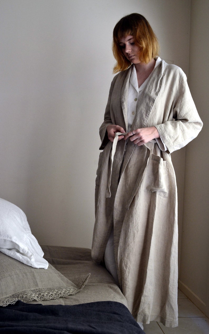 Vintage-Inspired Natural Linen Robe/ Long Linen Gown/ Luxurious Spa Robe image 1
