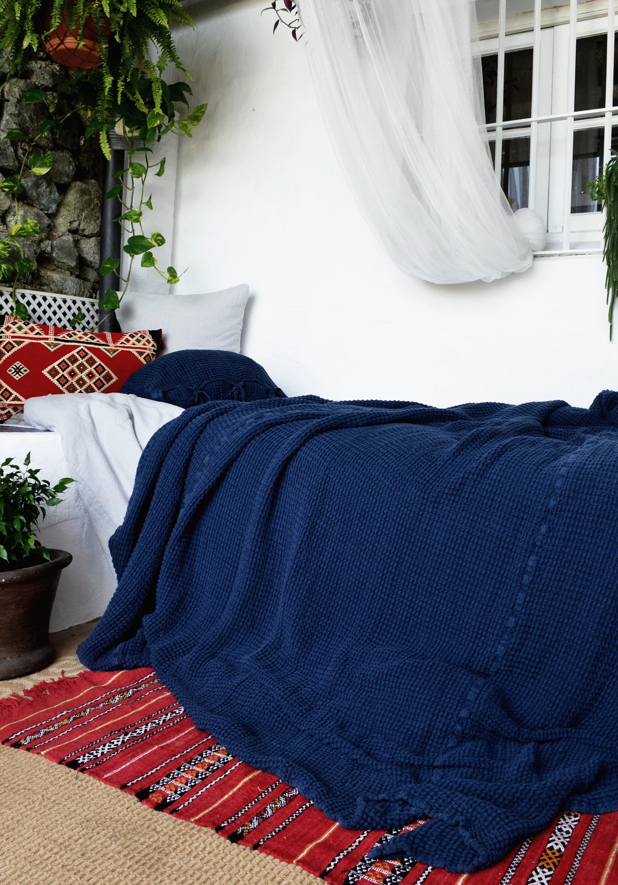 Indigo Dark Blue Waffle Textured Natural Linen Blanket/Couette en Lin Surdimensionnée Housse de Lit 