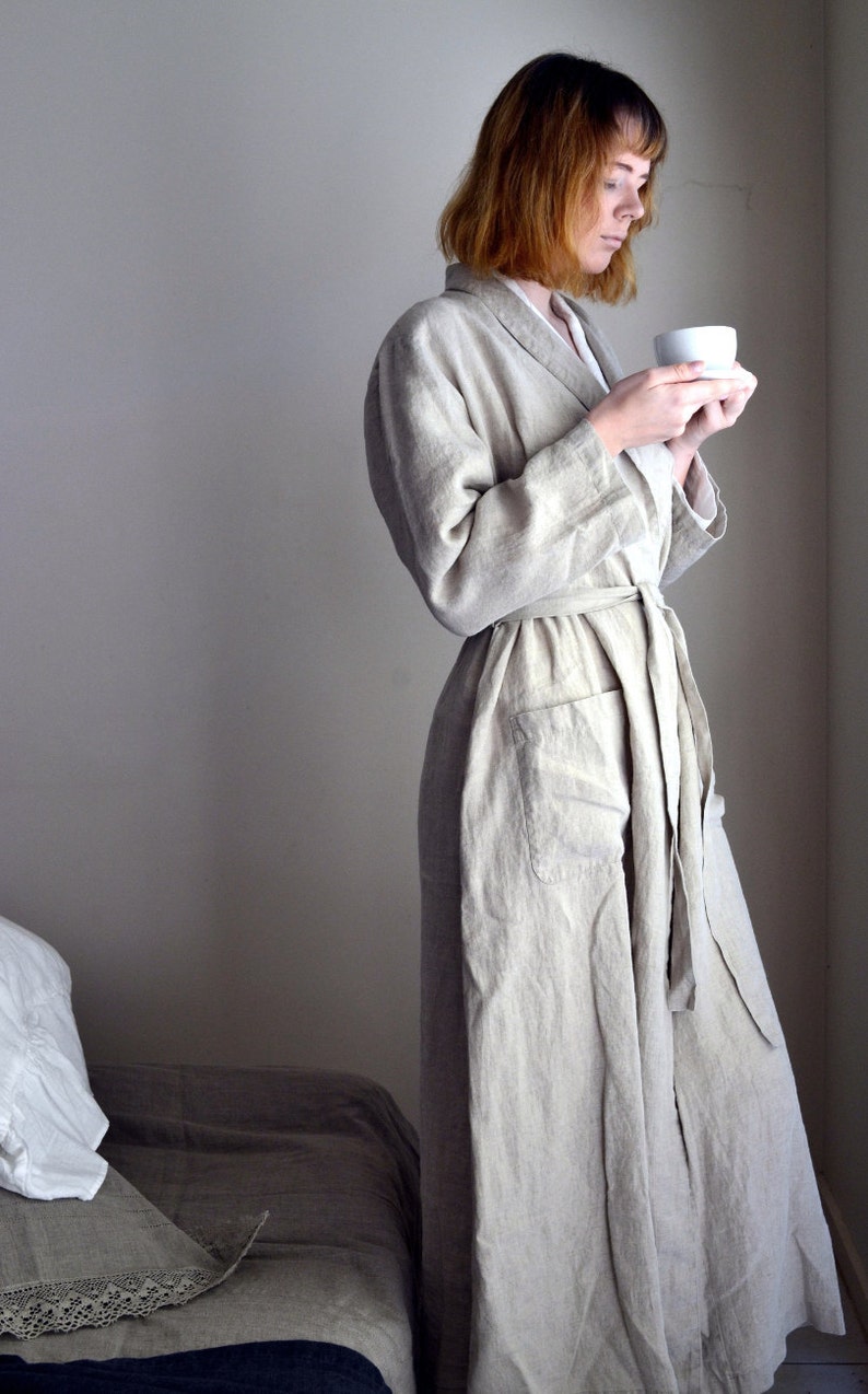 Vintage-Inspired Natural Linen Robe/ Long Linen Gown/ Luxurious Spa Robe image 4