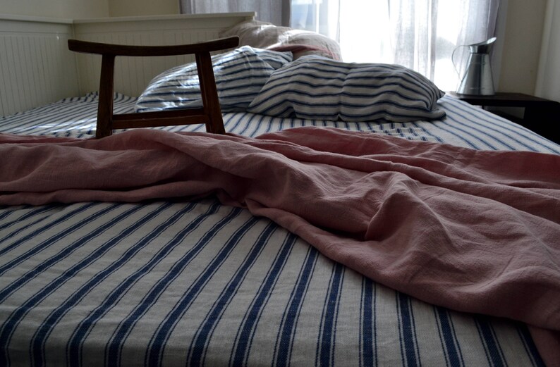 Heavy Linen Fitted Sheet With French Vintage Navy Ticking Etsy