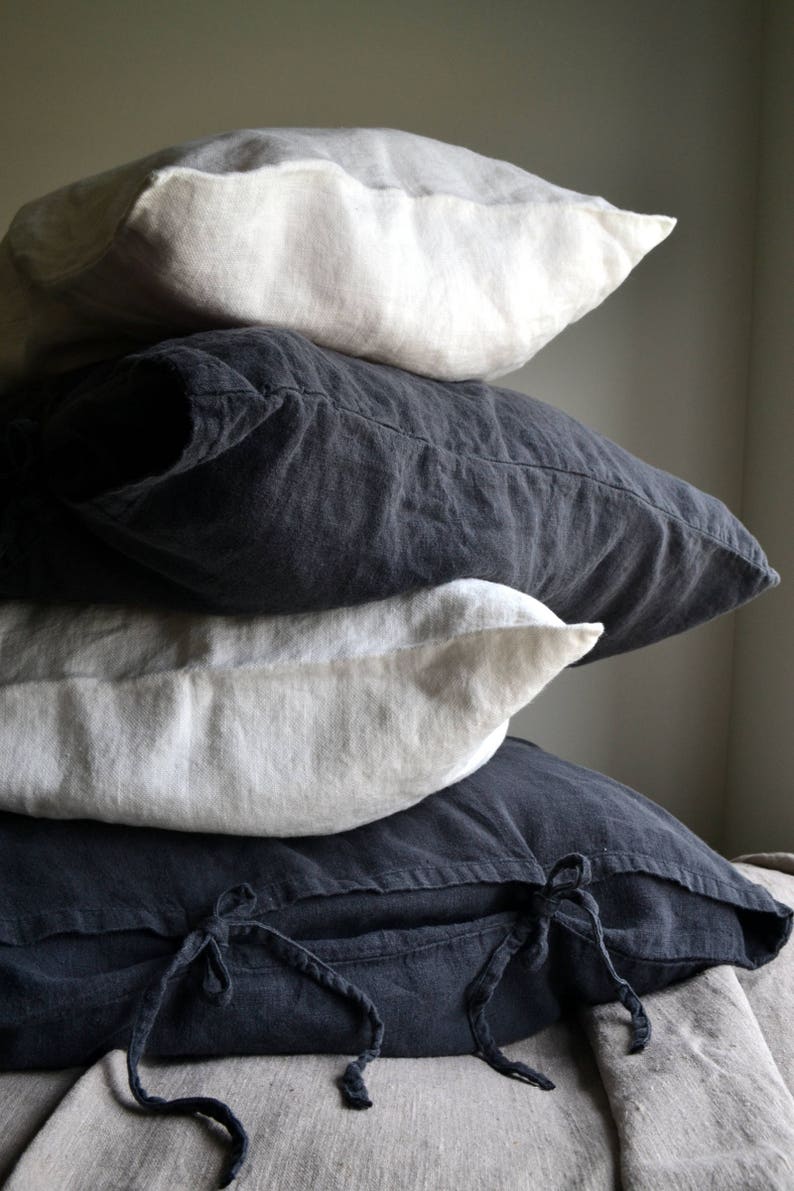 Rustic, Heavyweight Linen Pillowcase with Ties in Peppercorn Dark Grey Standard, Euro and King sizes image 4