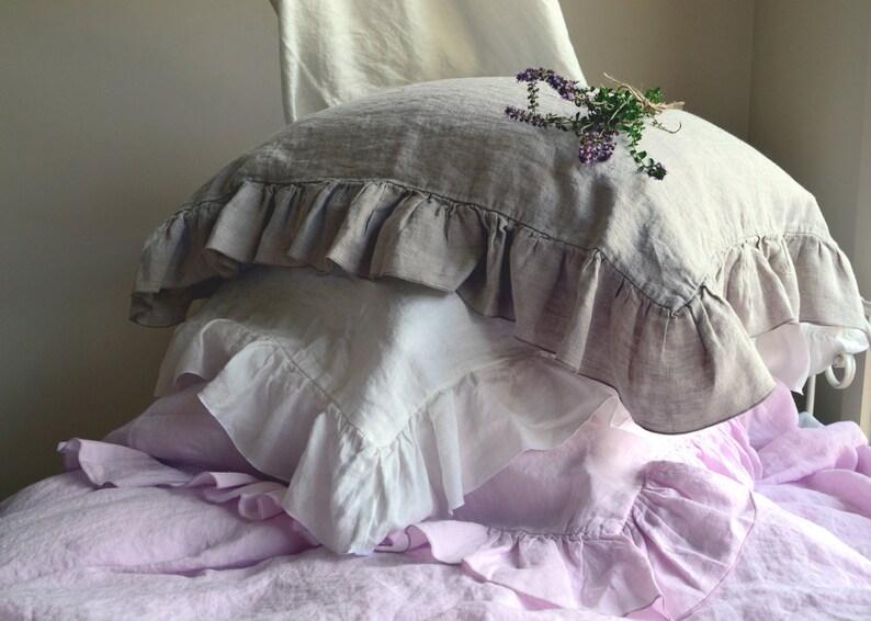 Shabby Chic Ruffled natural linen pillow case Natural flax Etsy