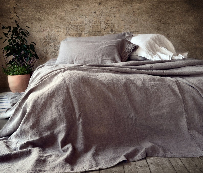 Rustic Heavyweight Stonewashed Linen Bed Cover/ Bedspread/ Coverlet/ Natural flax colour image 1