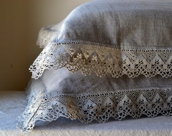 Provincial Living Natural, Softened Linen Pillowcase With Linen Lace, Pure Linen Bedding