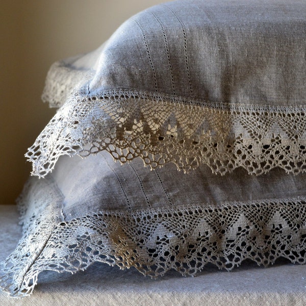 Provincial Living Natural, Softened Linen Pillowcase With Linen Lace, Pure Linen Bedding