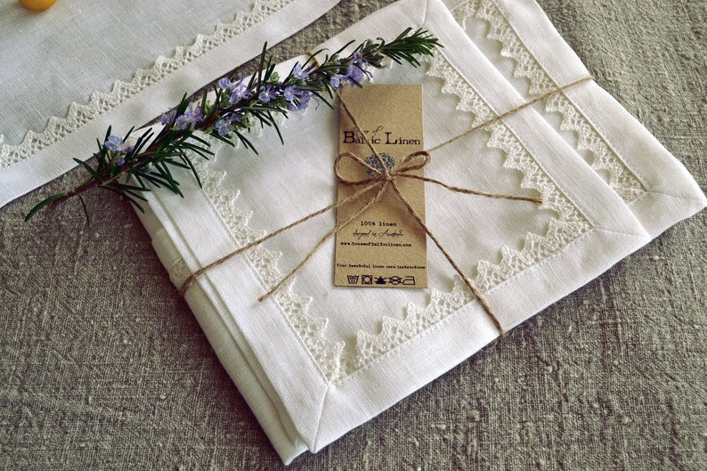 Linen Napkins Set of 7 in White with Linen Lace. Rustic Inspired Tablewares. image 4
