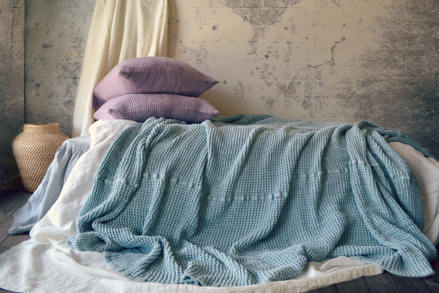 Super Heavy Duck Egg Blue Waffle Textured Stonewashed Linen Throw Bed Cover Linen Blanket Large Size Etsy Canada