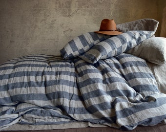 Country Cottage. Natural and Black striped stonewashed linen Duvet cover/ Quilt Cover / Doona Cover