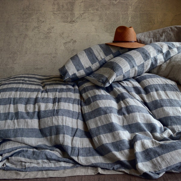 Country Cottage. Natural and Black striped stonewashed linen Duvet cover/ Quilt Cover / Doona Cover