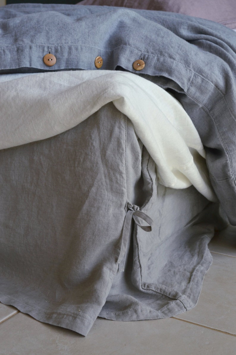 Light Grey Linen Box Pleated Bedskirt With Ties. Dust Ruffle. Etsy