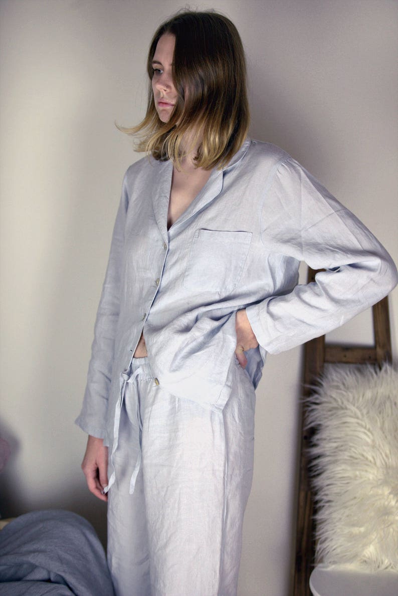 Silver light grey stonewashed linen pajama set. Women linen