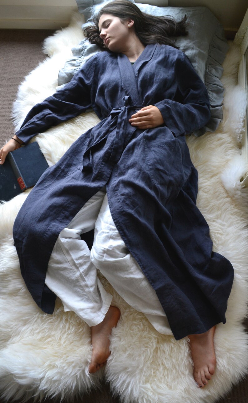 Vintage Inspired Midnight Blue Linen Dressing Gown/ Etsy Australia