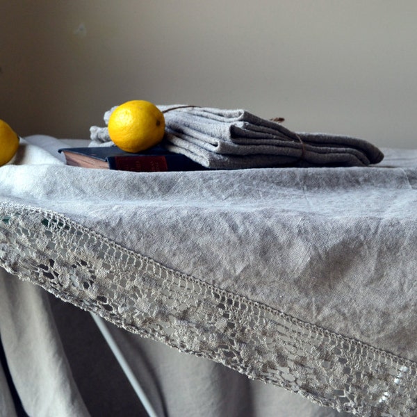 Softened natural linen tablecloth with linen lace "Country Ambience", Natural